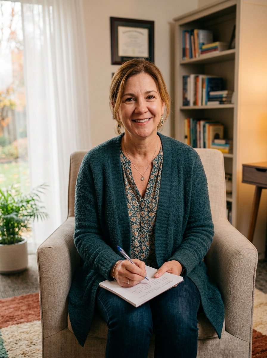 A smiling therapist in her office